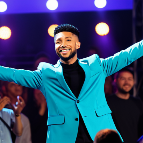 A professional music artist, male, of diverse ethnicity, wearing a stylish yet modest stage outfit, is captured in a natural, dynamic pose during a live concert. He is on a brightly lit stage, extending a hand towards the energetic, diverse crowd, creating a palpable sense of connection. The background features vibrant, blurred stage lighting and a respectfully engaged, fully clothed audience. Perfect anatomy, correct proportions, well-formed hands, natural body proportions, professional photography, high quality, safe for work, appropriate content, fully clothed, professional dress, family-friendly.