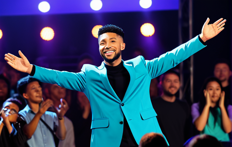 A professional music artist, male, of diverse ethnicity, wearing a stylish yet modest stage outfit, is captured in a natural, dynamic pose during a live concert. He is on a brightly lit stage, extending a hand towards the energetic, diverse crowd, creating a palpable sense of connection. The background features vibrant, blurred stage lighting and a respectfully engaged, fully clothed audience. Perfect anatomy, correct proportions, well-formed hands, natural body proportions, professional photography, high quality, safe for work, appropriate content, fully clothed, professional dress, family-friendly.