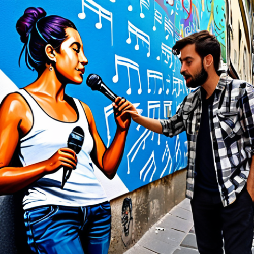 Collaborative Art & Music**

"A vibrant street art scene in Montmartre, Paris, featuring a fully clothed female singer collaborating with a painter on a large canvas, musical notes blending with paint strokes, safe for work, appropriate content, fully clothed, professional collaboration, perfect anatomy, natural proportions, high-quality digital art, family-friendly."

**