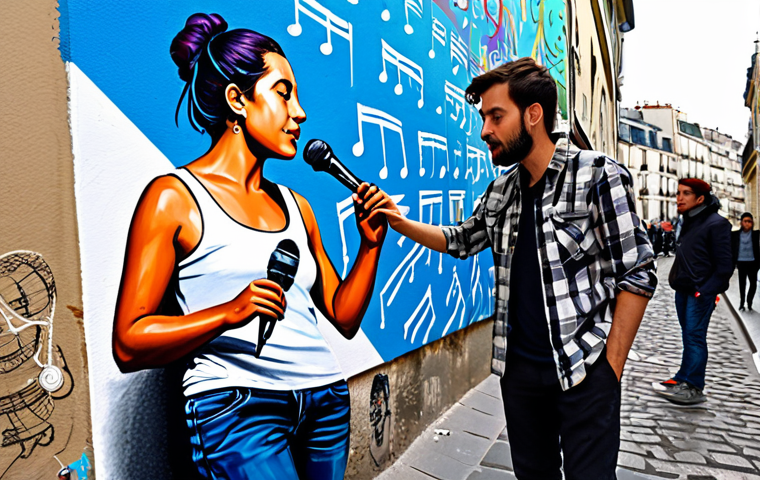 Collaborative Art & Music**

"A vibrant street art scene in Montmartre, Paris, featuring a fully clothed female singer collaborating with a painter on a large canvas, musical notes blending with paint strokes, safe for work, appropriate content, fully clothed, professional collaboration, perfect anatomy, natural proportions, high-quality digital art, family-friendly."

**