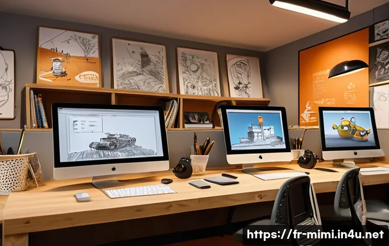미미 캐릭터의 애니메이션 제작비용 - A detailed animation studio workspace in France, featuring diverse artists collaborating on characte...