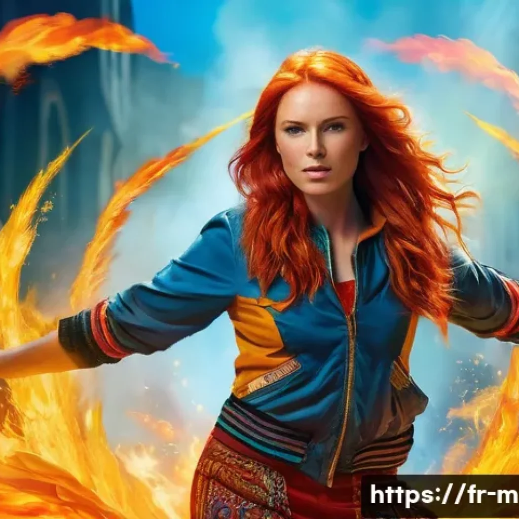 미미와 라이벌 캐릭터 비교 - A vibrant, expressive young woman named Mimi with fiery red hair and colorful, flamboyant clothing s...