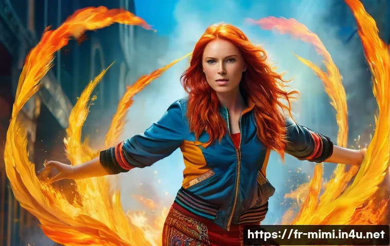 미미와 라이벌 캐릭터 비교 - A vibrant, expressive young woman named Mimi with fiery red hair and colorful, flamboyant clothing s...