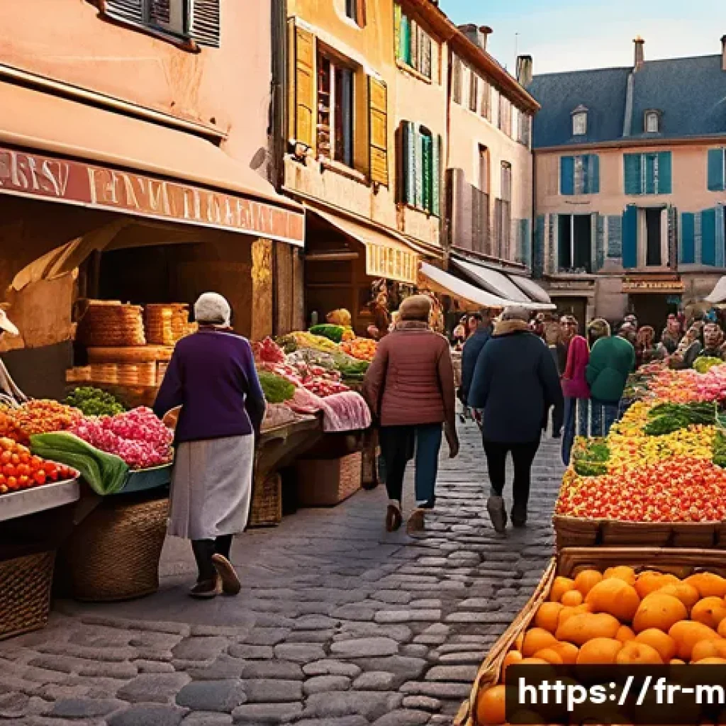 미미와 다양한 스토리텔링 기법 - A vibrant, bustling open-air market scene in a French village at sunset, with warm orange and pink h...