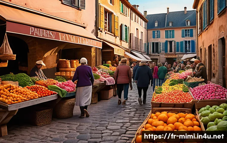 미미와 다양한 스토리텔링 기법 - A vibrant, bustling open-air market scene in a French village at sunset, with warm orange and pink h...