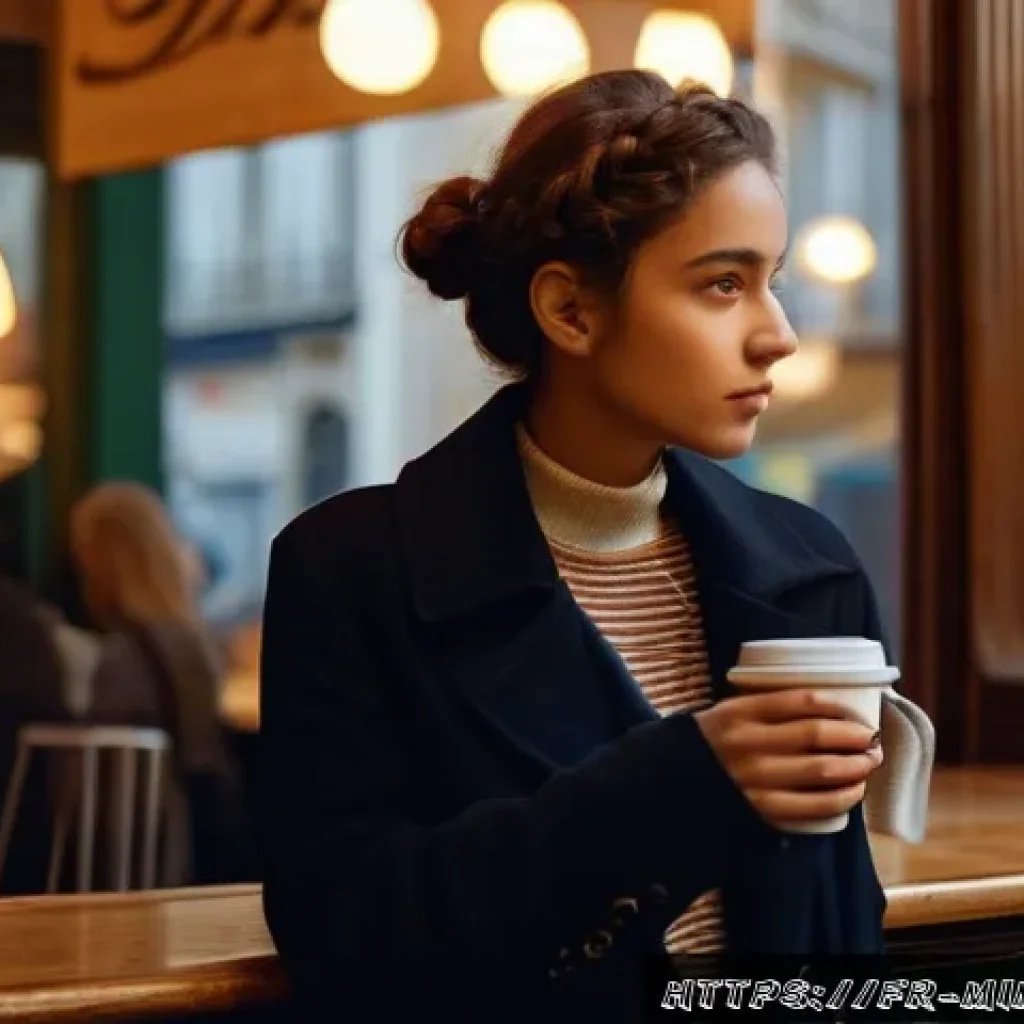미미 스토리라인 구성 - A young woman named Mimi standing in a softly lit Parisian caf&eacute; at dusk, wearing casual yet stylish ...