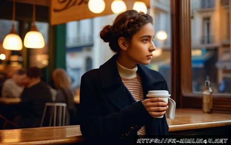 미미 스토리라인 구성 - A young woman named Mimi standing in a softly lit Parisian café at dusk, wearing casual yet stylish ...