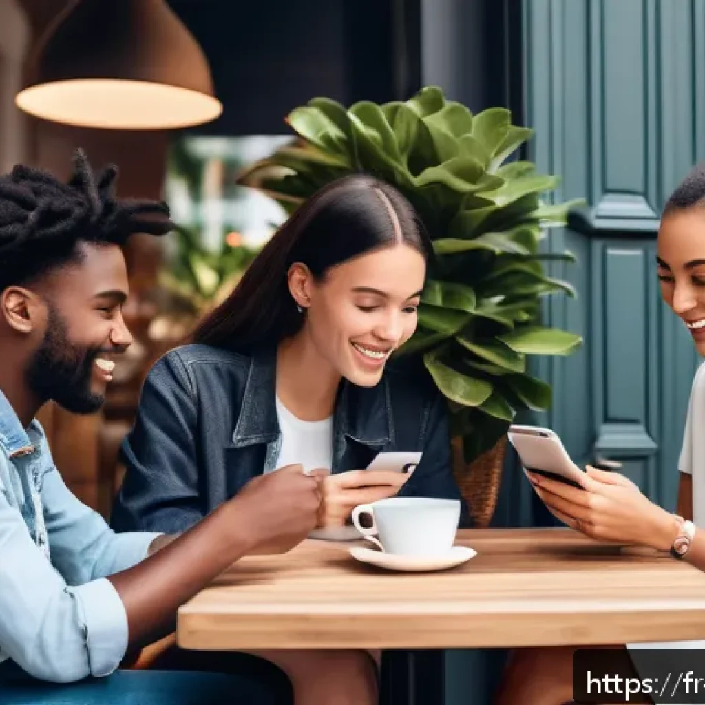 미미 상품화 과정 - A modern French urban caf&eacute; scene with diverse young adults engaging in social media activities on sm...