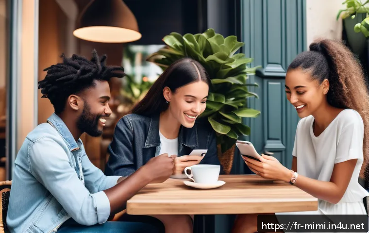 미미 상품화 과정 - A modern French urban café scene with diverse young adults engaging in social media activities on sm...