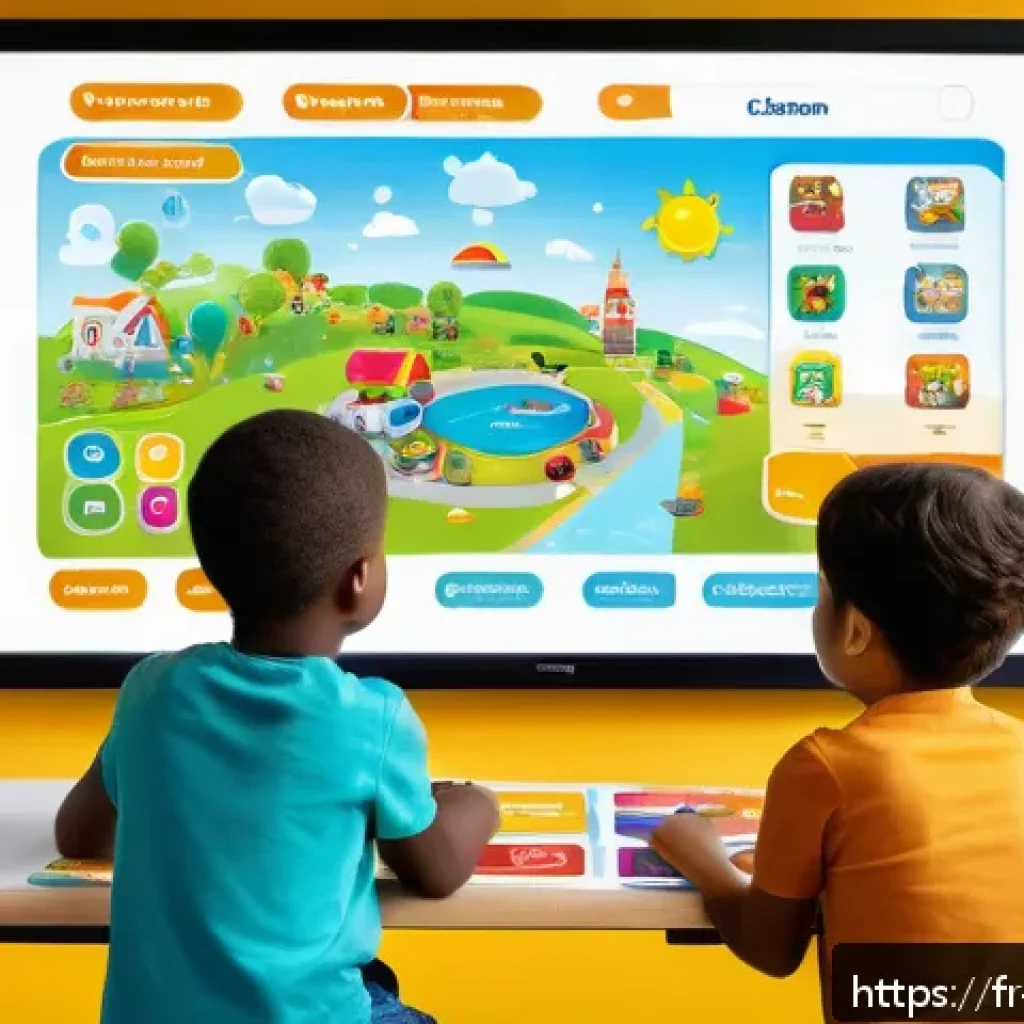 미미와 관련된 교육 콘텐츠 사례 - A bright, colorful digital classroom scene showing young children aged 4 to 7 interacting with a lar...