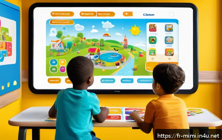 미미와 관련된 교육 콘텐츠 사례 - A bright, colorful digital classroom scene showing young children aged 4 to 7 interacting with a lar...