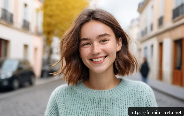 미미 캐릭터의 광고 캠페인 분석 - A friendly, relatable young woman named Mimi portrayed in a casual urban Parisian setting, wearing c...