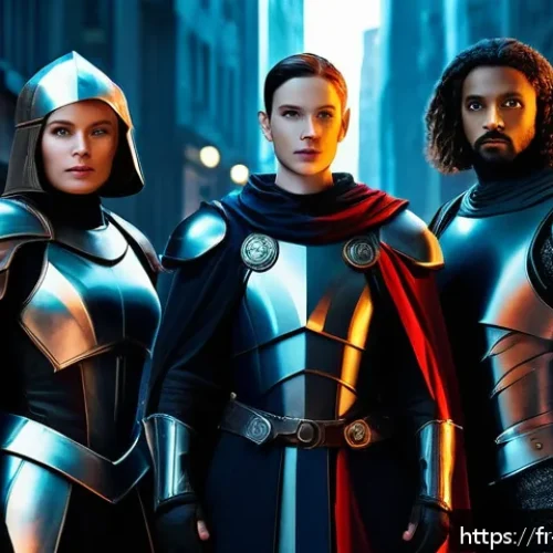 Home 31 미미와 타 캐릭터의 크로스오버 사례 - A vibrant crossover scene featuring iconic heroes from a medieval fantasy world and futuristic sci-f...