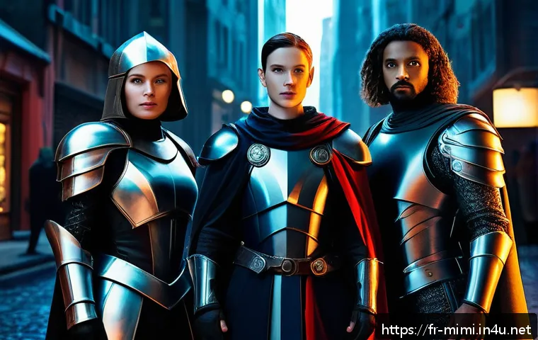 미미와 타 캐릭터의 크로스오버 사례 - A vibrant crossover scene featuring iconic heroes from a medieval fantasy world and futuristic sci-f...