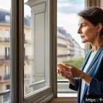 Home 23 미미 캐릭터의 감정 표현 기술 - A futuristic living room scene in Paris, featuring a middle-aged French woman wearing casual clothin...