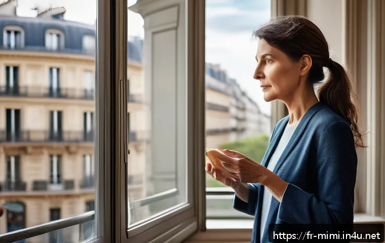 미미 캐릭터의 감정 표현 기술 - A futuristic living room scene in Paris, featuring a middle-aged French woman wearing casual clothin...