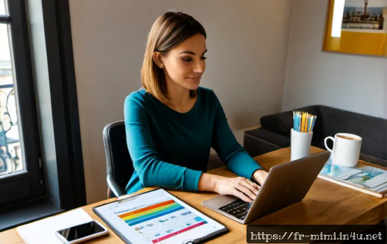 미미의 온라인 마케팅 전략 - Photorealistic French small-business owner planning an online marketing strategy at a bright Paris a...