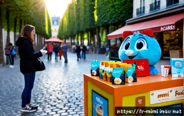 미미와 관련된 오프라인 마케팅 사례 - Photorealistic offline marketing activation in a charming Paris pedestrian square, a friendly fictio...